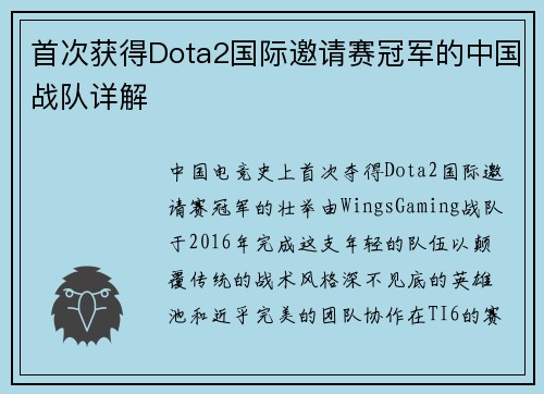 首次获得Dota2国际邀请赛冠军的中国战队详解