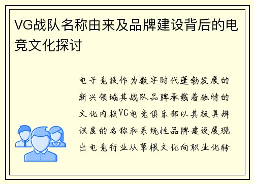 VG战队名称由来及品牌建设背后的电竞文化探讨