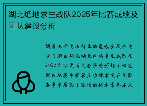 湖北绝地求生战队2025年比赛成绩及团队建设分析